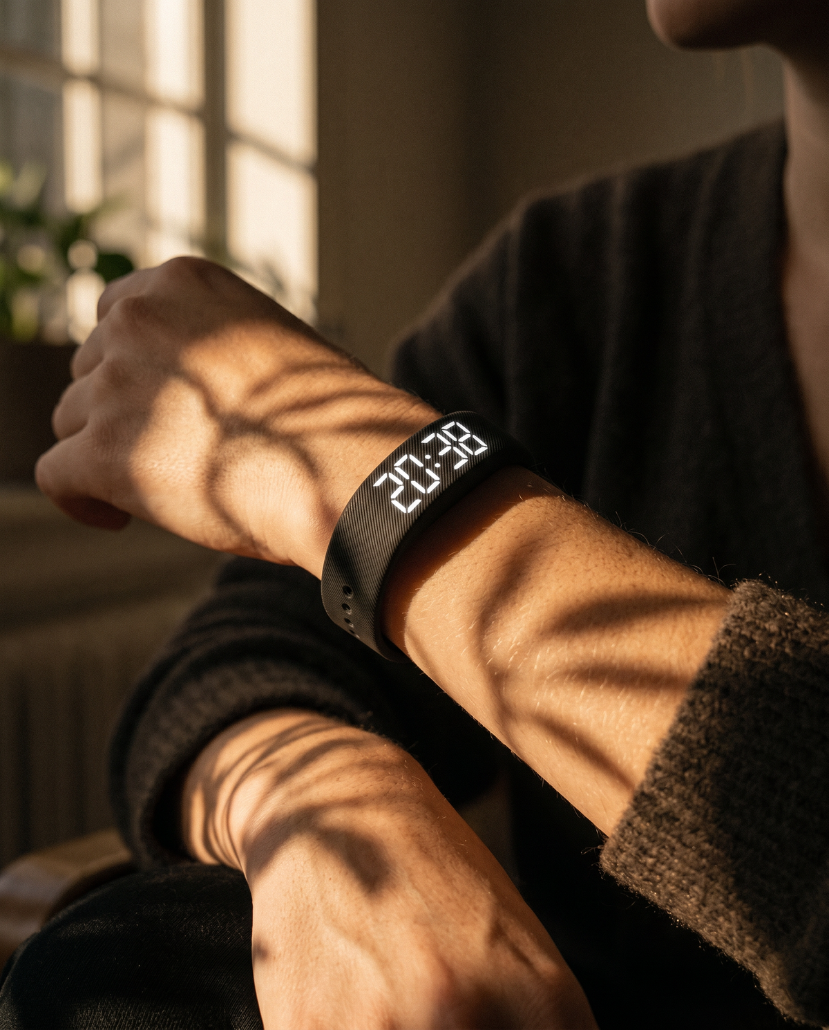 Rouza Pulse black silent alarm band worn on wrist in warm morning light