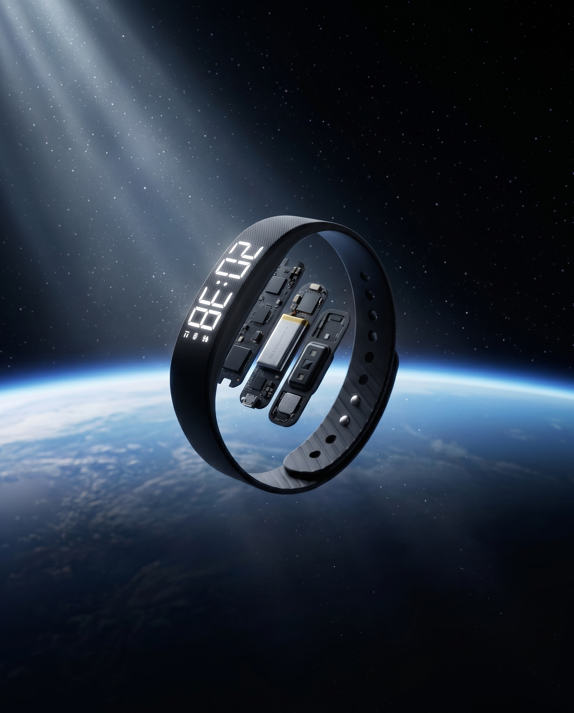 Rouza Pulse silent alarm band — exploded view floating above Earth seen from orbit