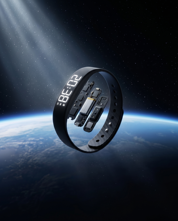Rouza Pulse silent alarm band — exploded view floating above Earth seen from orbit