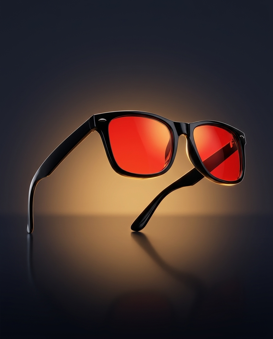 Rouza Glow red lens glasses, atmospheric shot