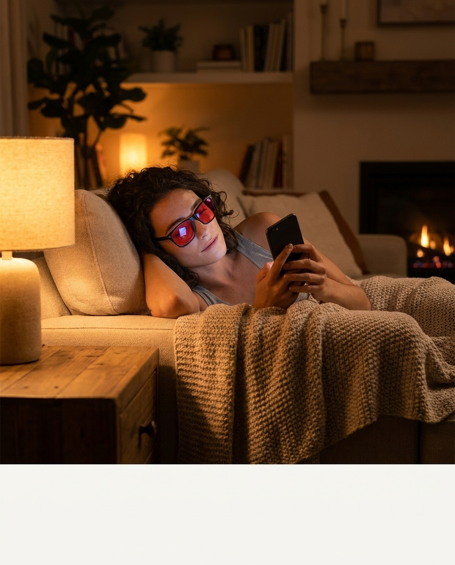 Woman wearing Rouza Glow glasses in the evening