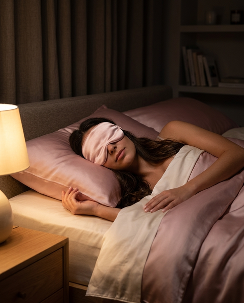 Woman sleeping peacefully wearing Rouza Drift silk sleep mask