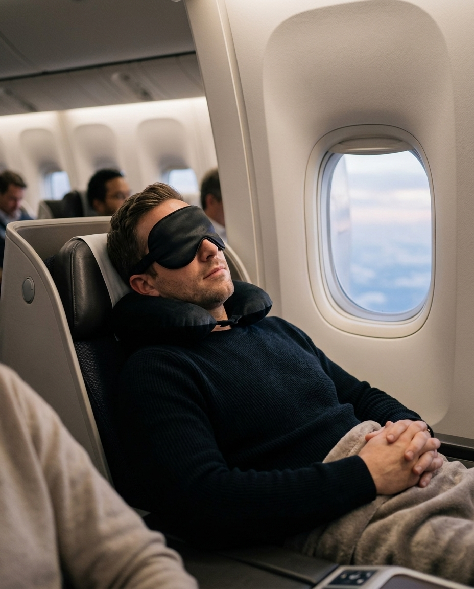 Woman wearing Rouza Drift sleep mask while traveling on a plane