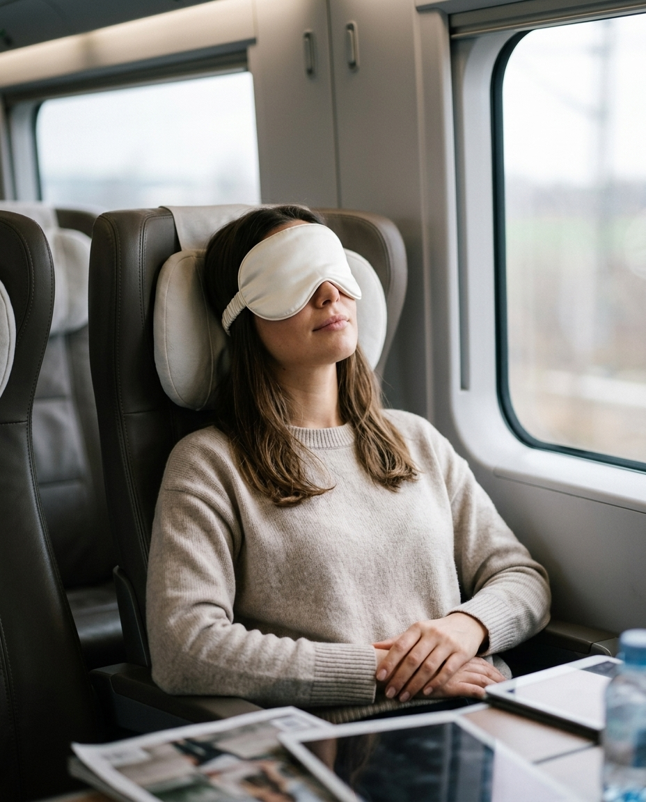 Close-up of woman wearing Rouza Drift sleep mask while traveling