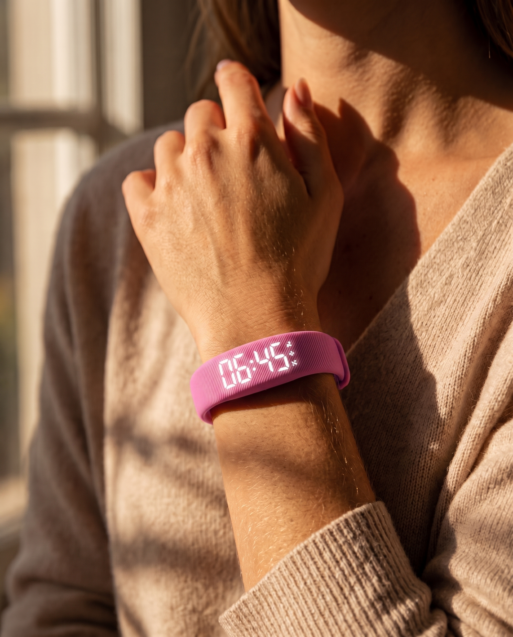 Rouza Pulse pink silent alarm band worn on wrist in warm morning light