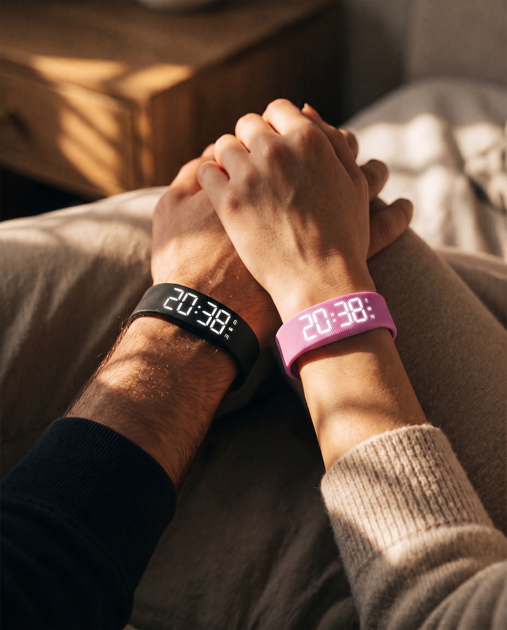 Couple wearing Rouza Pulse black and pink silent alarm bands, hands resting together in morning light