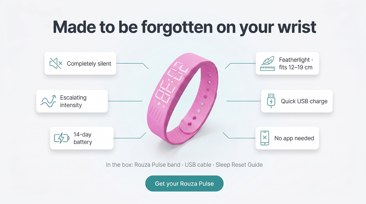 Rouza Pulse benefits — completely silent, escalating intensity, 14-day battery, featherlight, no app needed