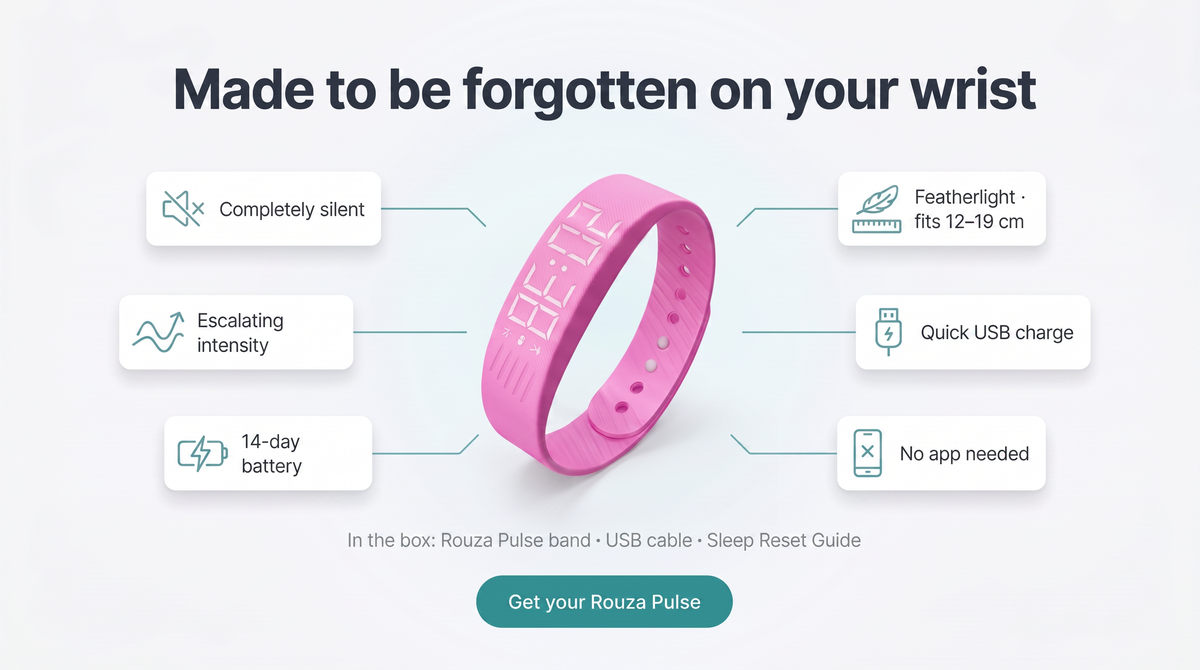 Rouza Pulse benefits — completely silent, escalating intensity, 14-day battery, featherlight, no app needed